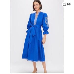 Hyacinth House Royal Blue Embroidered Cotton Midi Dress Puff Sleeve Small AY719D